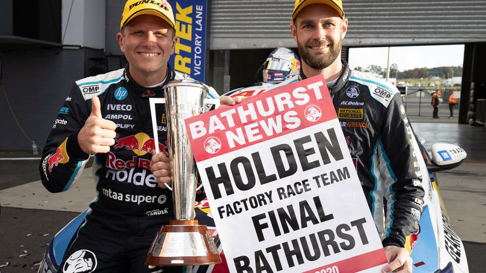 Garth Tander and Shane Van Gisbergen are pictured after winning the 2020 Bathurst 1000.