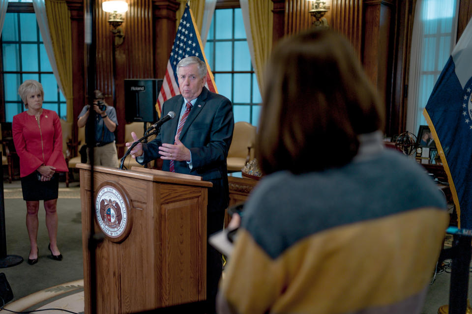 Gov. Mike Parson responds to a media question during a press conference to discuss the status of license renewal for the St. Louis Planned Parenthood facility on May 29, 2019 in Jefferson City, Missouri. (Jacob Moscovitch/Getty Images)