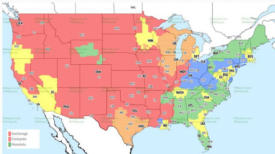 The Chiefs-Colts game is in red, Bills-Dolphins is in green, orange is Bears-Texans, blue is Bengals-Jets and the Chargers-Jaguars game is in yellow.