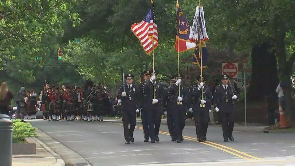 The procession and funeral for CMPD officer Joshua Eyer was held in Charlotte on Friday, May 3, 2024. Eyer was killed on Monday after a suspect opened fire on a task force that was attempting to serve an arrest warrant.