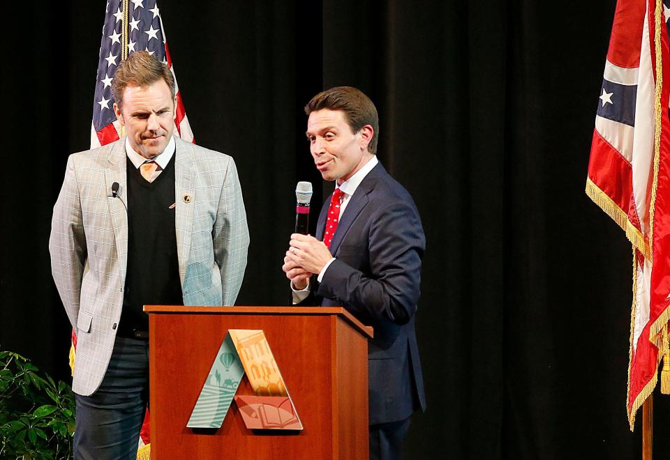 Mayor Matt Miller introduces Ashland City Schools interim Superintendent Steve Paramore during his state of the city speech in Archer Auditorium.