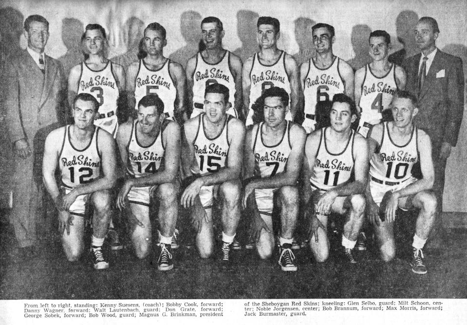 The Sheboygan Redskins 1949-1950 team. Team President Magnus G. Brinkman is in the back row, far right.