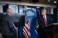 WASHINGTON, DC - AUGUST 10: A member of the United States Secret Service asks President Donald J. Trump to follow him as he speaks moment after a shooting outside the White House during a COVID-19 coronavirus briefing in the James S. Brady Briefing Room at the White House at the White House on Monday, Aug 10, 2020 in Washington, DC. (Photo by Jabin Botsford/The Washington Post via Getty Images)