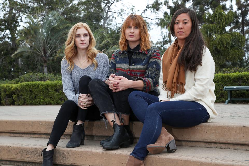 From left, former San Jose State swimmers Kirsten Trammell, Caitlin Macky and Linzy Warkentin said Scott Shaw sexually assaulted them during medical treatments more than a decade ago.