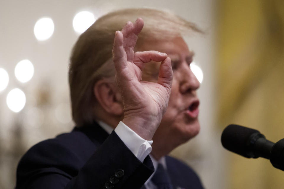 President Donald Trump gestures as he speaks during the Young Black Leadership Summit at the White House in Washington, Friday, Oct. 4, 2019. (AP Photo/Carolyn Kaster)