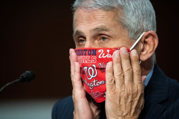 Anthony Fauci, director of the National Institute of Allergy and Infectious Diseases, adjusts his face mask during a Senate committee hearing on the coronavirus on June 30, 2020. 