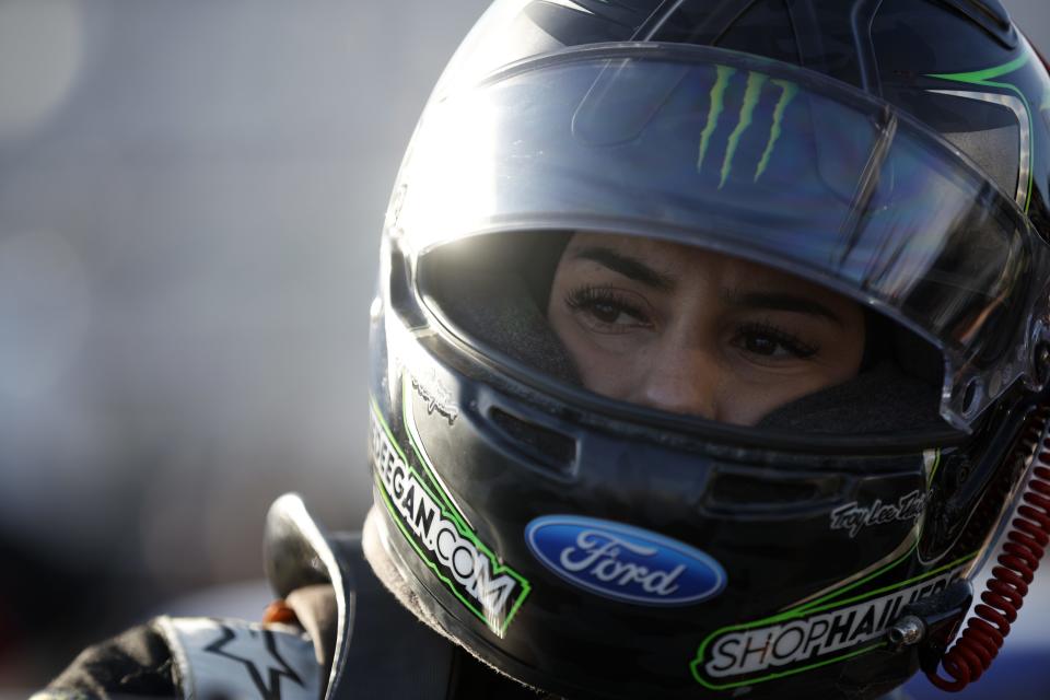 DAYTONA BEACH, FLORIDA - FEBRUARY 17: Hailie Deegan, driver of the #1 Monster Energy Ford, prepares to practice for the NASCAR Camping World Truck Series NextEra Energy 250 at Daytona International Speedway on February 17, 2022 in Daytona Beach, Florida. (Photo by Chris Graythen/Getty Images)