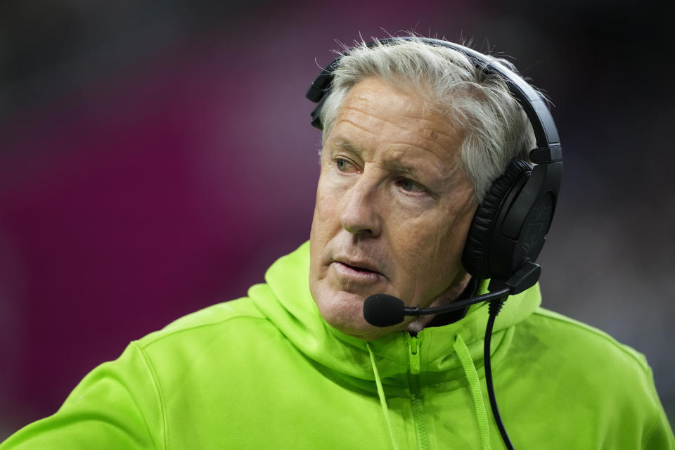 Seattle Seahawks head coach Pete Carroll walks the sideline during the first half of an NFL football game against the San Francisco 49ers, Thursday, Nov. 23, 2023, in Seattle. (AP Photo/Lindsey Wasson)
