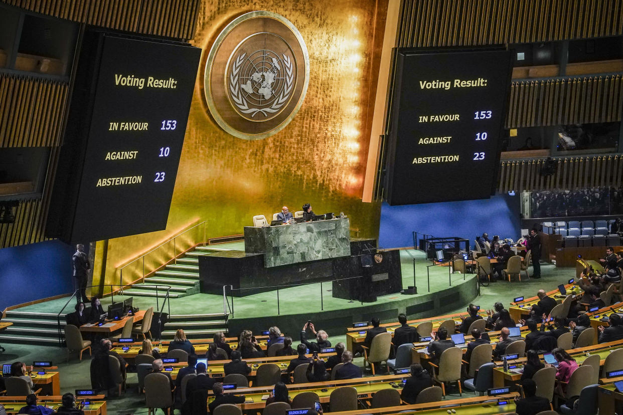 Gaza Display monitors show the result of voting in the United Nations General Assembly, in favor of a resolution calling on Israel to uphold legal and humanitarian obligations in its war with Hamas, Tuesday, Dec. 12, 2023 at U.N. headquarters. (AP Photo/Bebeto Matthews)