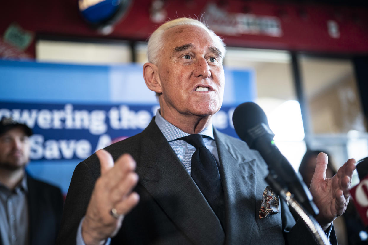 Roger Stone speaks during a press conference for The America Project held at Beths Burger Bar across the street from where the Conservative Political Action Conference CPAC is being held on Friday, Feb. 25, 2022 in Orlando, FL. (Jabin Botsford/The Washington Post via Getty Images)