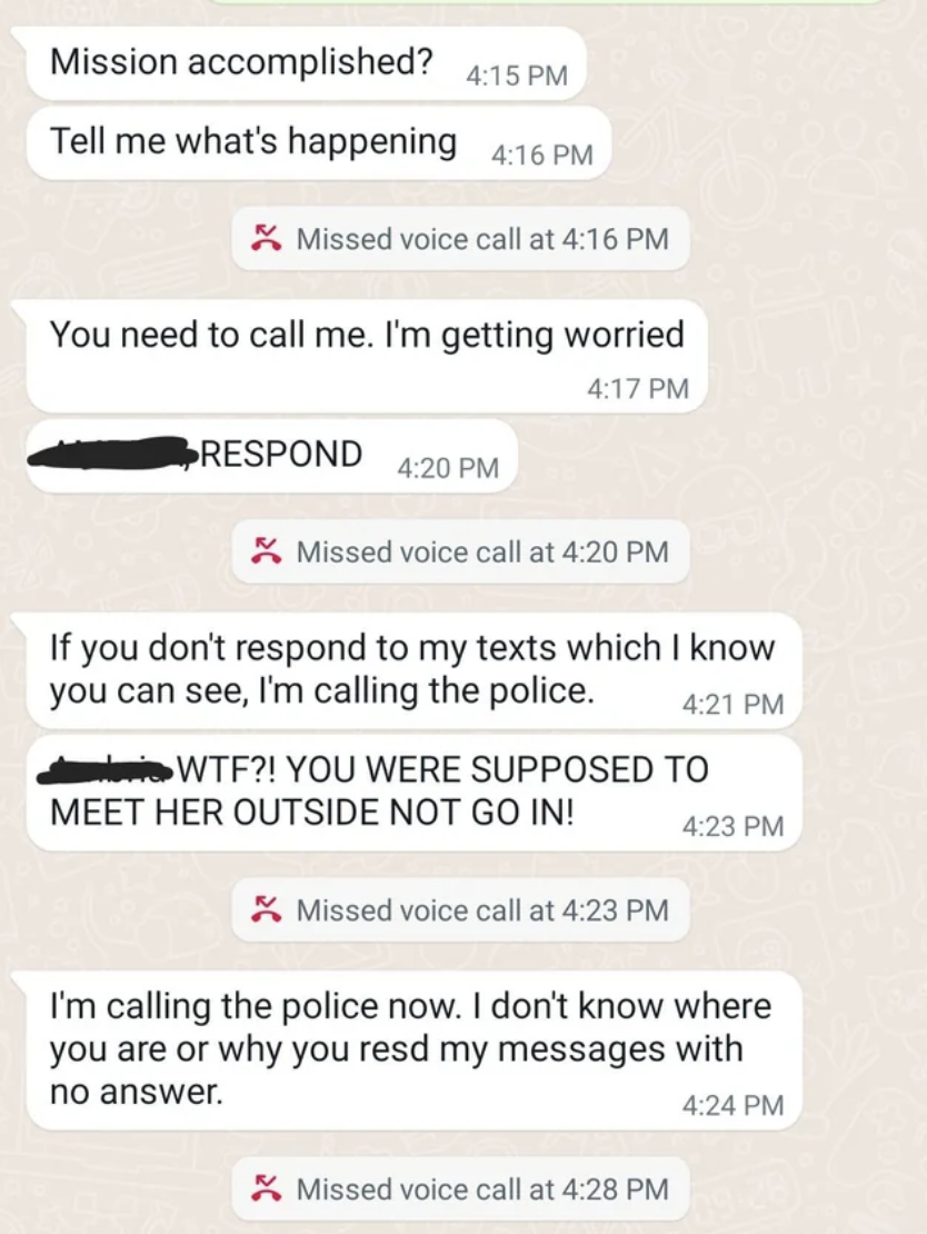 Screenshot of a series of text messages and missed voice calls between 4:15 and 4:28 pm, in which parent eventually says they're calling the police because they "don't know where you are or why you resd my messages with no answer"