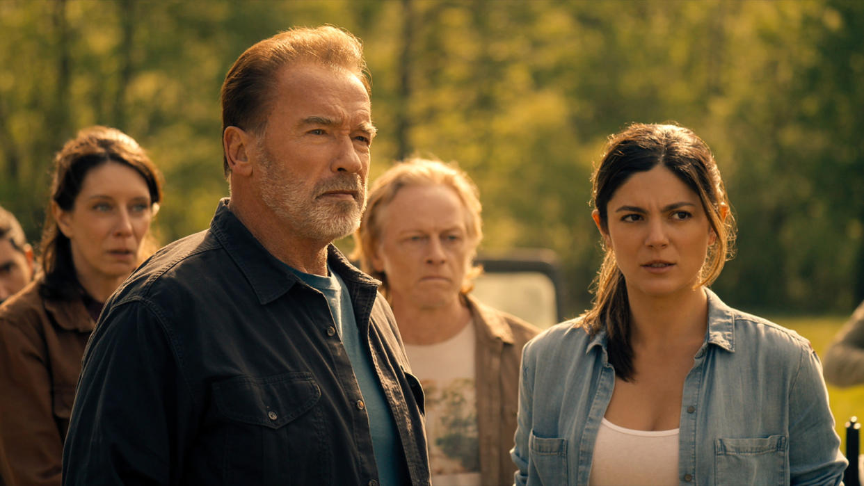  (L to R) Cailin Stadnyk as Will’s wife, Arnold Schwarzenegger as Luke Brunner, Patrick Garrow as Will, Monica Barbaro as Emma Brunner in episode 102 of Fubar 