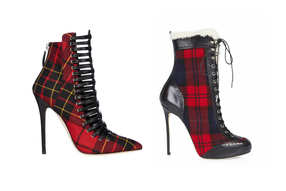 <p>Brian Atwood for Victoria’s Secret “Punk Angel” plaid booties, left, and Dsquared2 check lace-up booties, <a rel="nofollow noopener" href="http://www.dsquared2.com/us/ankle-boot_cod11363568ux.html?tp=76657" target="_blank" data-ylk="slk:$522 Dsquared2;elm:context_link;itc:0;sec:content-canvas" class="link ">$522 Dsquared2</a> (Photo: Victoria’s Secret/Dsquared2) </p>