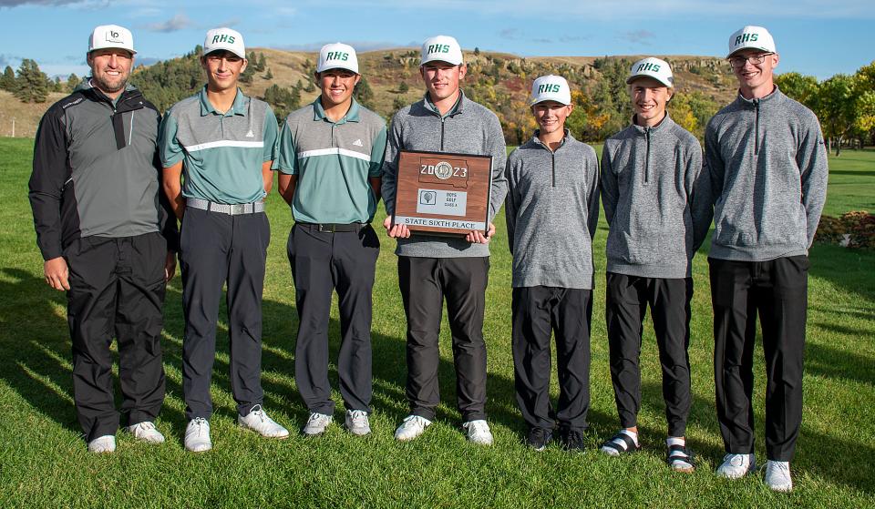 Head coach Jon Murdy and the Aberdeen Roncalli golf team placed sixth in state Class A high school boys golf tournament that wrapped up on Tuesday, Oct. 3, 2023 at the Hart Ranch Golf Course in Rapid City. Finn Anderson, Andrew Gerlach, Gannon May, Jesse Hernandez and Lucas Daggett golf in the state tourney for the Cavalies.