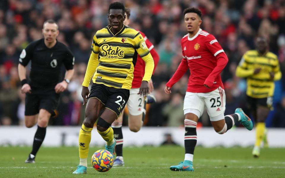 Ismaila Sarr of Watford controls the ball during the Premier League match between Manchester United and Watford at Old Trafford on February 26, 2022 in Manchester, England. - GETTY IMAGES