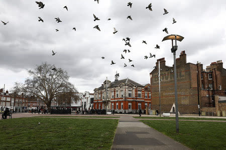 Pigeons flay over Windrush Square in the Brixton district of London, Britain April 16, 2018. REUTERS/Simon Dawson