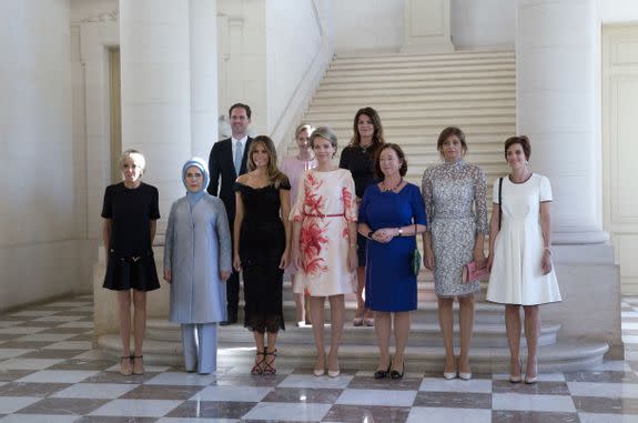 Copyright 2017 The Associated Press. All rights reserved. This material may not be published, broadcast, rewritten or redistributed without permission. Mandatory Credit: Photo by AP/REX/Shutterstock (8841362y) From left, France's Brigitte Trogneux, Turkey's Emine Erdogan, Luxembourg's Gauthier Destenay, US Melania Trump, Slovenia's Mojca Stropnik, Queen Mathilde of Belgium, Iceland's Thora Margret Baldvinsdottir, Norway's Ingrid Schulerud - Stoltenberg, Bulgaria's Desislava Radeva and Belgium's Amelie Derbaudrenghien pose for a group photo during the spouse and partner program at the Royal Castle of Laeken in Brussels on Trump First Lady, Brussels, Belgium - 25 May 2017