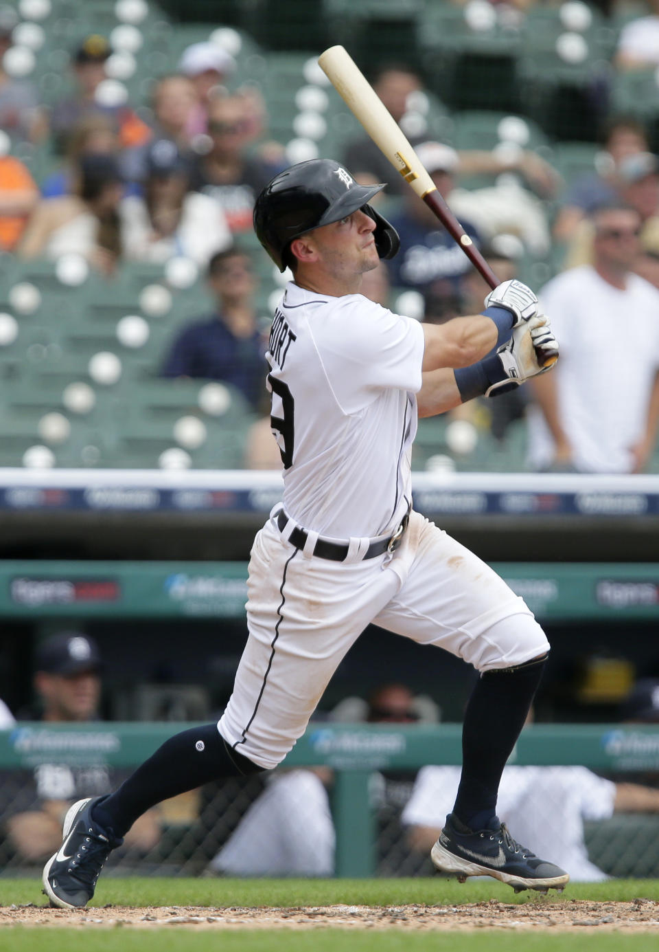 Detroit Tigers' Zack Short hits a two-run home run against the Houston Astros to break a 1-1 tie during the fifth inning of the first baseball game of a doubleheader Saturday, June 26, 2021, in Detroit. The Tigers defeated the Astros 3-1. (AP Photo/Duane Burleson)