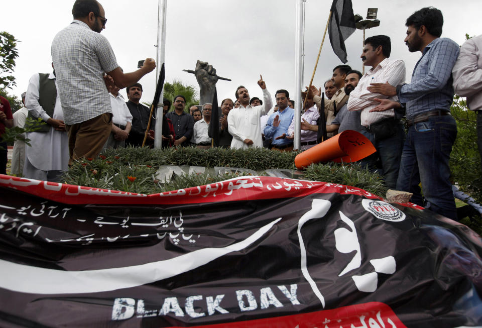 Pakistani journalists take part in a demonstration to denounce rampant censorship, in Islamabad, Pakistan, Tuesday, July 16, 2019. Pakistani journalists are holding nationwide protests to denounce rampant censorship by the country's powerful security services, massive layoffs due to budget cuts and months-long delays in payments of their wages. (AP Photo/Anjum Naveed)