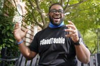 Devon Henry, owner of Henry Enterprises, gestures during an interview Tuesday Sept. 15, 2020, in Richmond, Va. Change came to Richmond’s historic Monument Avenue this summer at whiplash speed when the city’s mayor invoked emergency powers and ordered the removal of Confederate statues that had towered over the city for around a century. Behind the scenes was Devon Henry, the Black businessman whose construction company took on a job the city says others were unwilling to do and as a result has found himself facing death threats, allegations of cronyism and an inquiry by a special prosecutor. (AP Photo/Steve Helber)