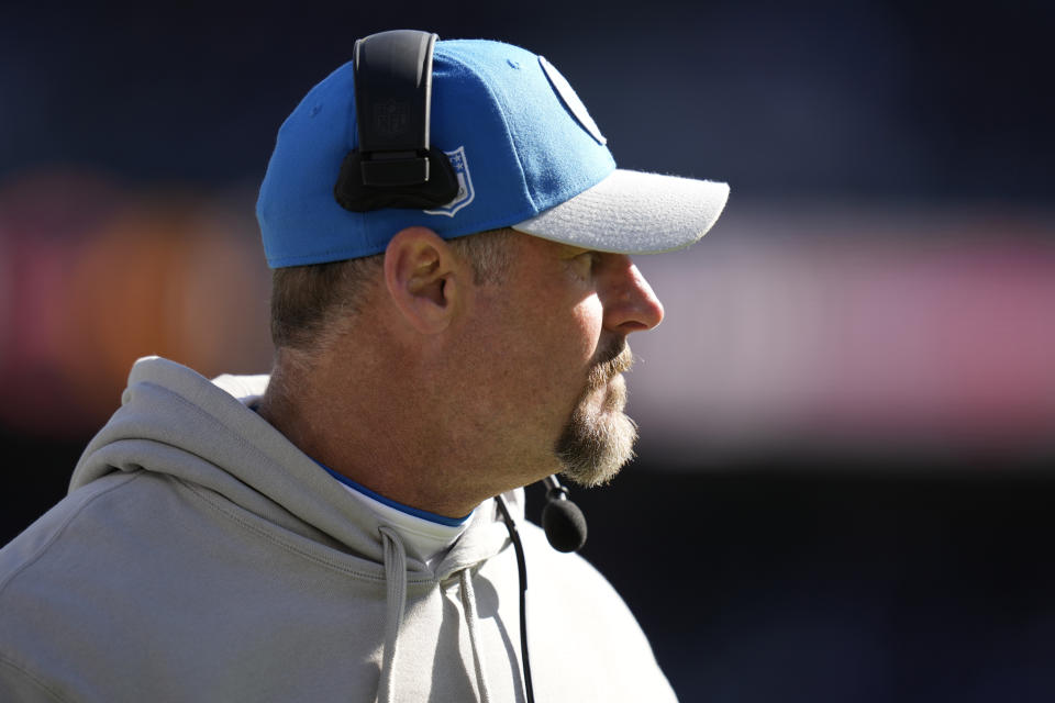 Detroit Lions head coach Dan Campbell watches from the sideline during the first half of an NFL football game against the Baltimore Ravens, Sunday, Oct. 22, 2023, in Baltimore. (AP Photo/Alex Brandon)