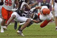 Texas A&M wide receiver Chris Marshall (10) is tackled by Sam Houston State defensive back Isaiah Downes (4) during the second half of an NCAA college football game Saturday, Sept. 3, 2022, in College Station, Texas. (AP Photo/David J. Phillip)