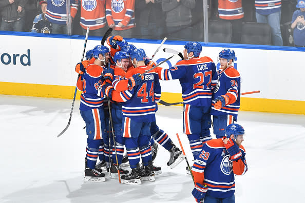 EDMONTON, AB - JANUARY 18: Players of the Edmonton Oilers celebrate after winning the game against the Florida Panthers on January 18, 2017 at Rogers Place in Edmonton, Alberta, Canada. (Photo by Andy Devlin/NHLI via Getty Images)