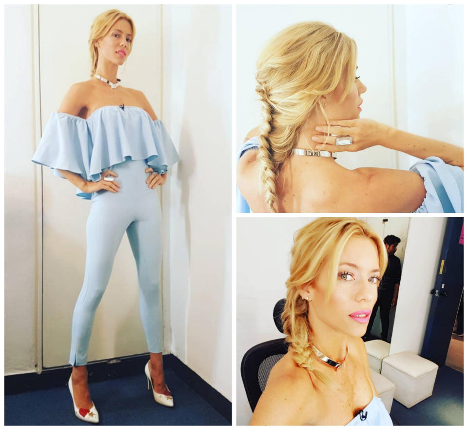 Nicole Neumann. La modelo eligió un mono celeste bebé de la firma The New Black para asistir al programa conducido por Mirtha Legrand. Obviamente, lo combinó con stilettos de NIKKA N, su marca de calzado. - Fotos: Instagram.com/nikicubero