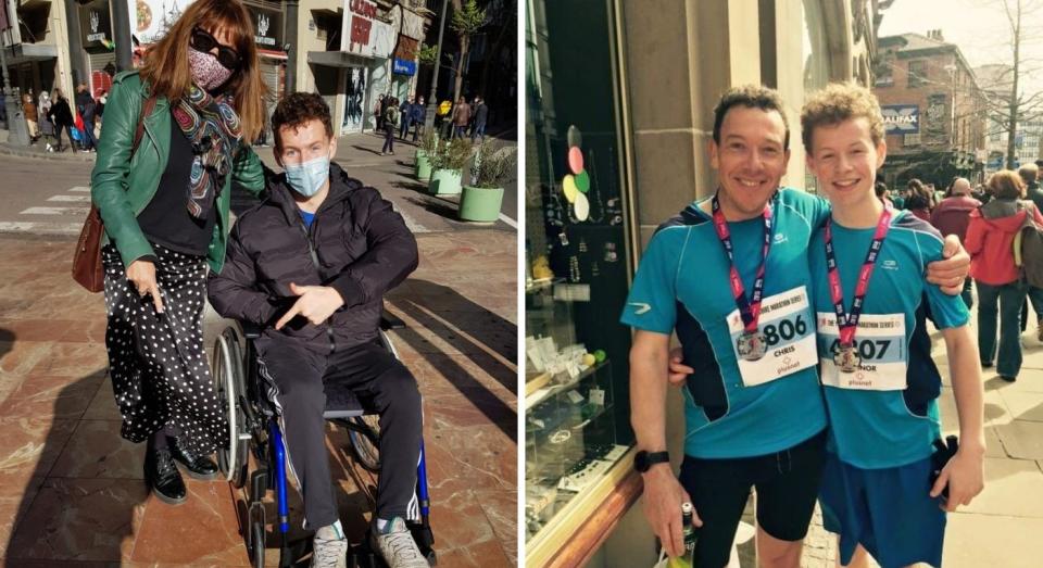 Connor Blundell in a wheelchair next to his mum and after running manchester marathon with dad. (SWNS)