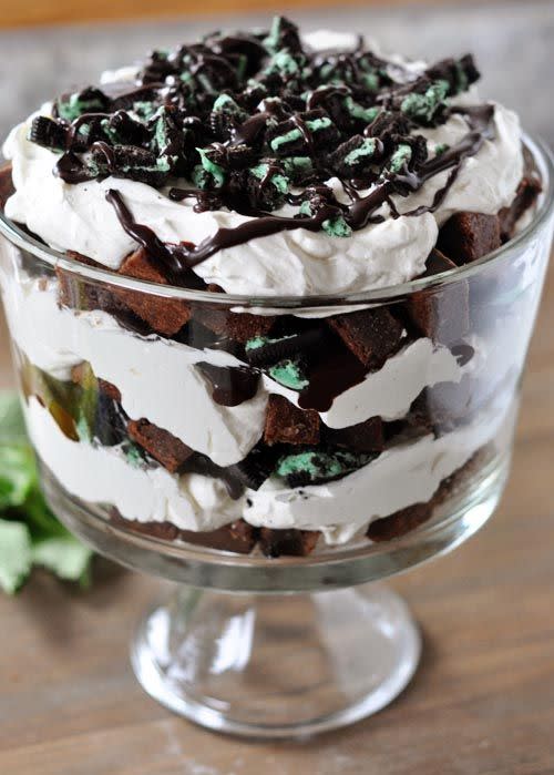 Mint Brownie and Oreo Hot Fudge Trifle with Minty Cream Cheese Whipped Cream