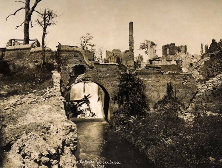 The Sugar Factory Bridge in the town of Albert, in France, photographed soon after the end of World War One, circa March 1919. This image is from a series documenting the damage and devastation that was caused to towns and villages along the Western Front in France and Belgium during the First World War. (Photo by Popperfoto/Getty Images)
