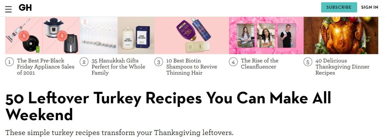 Good Housekeeping has a list of 50 leftover turkey recipes.