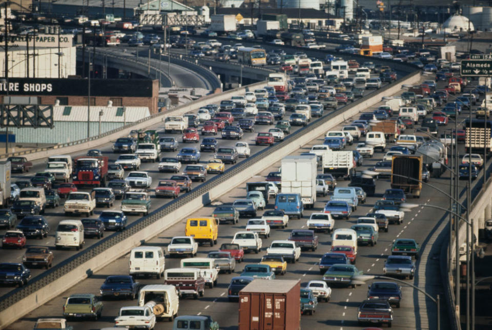 Heavy traffic on a multilane highway with various vehicles