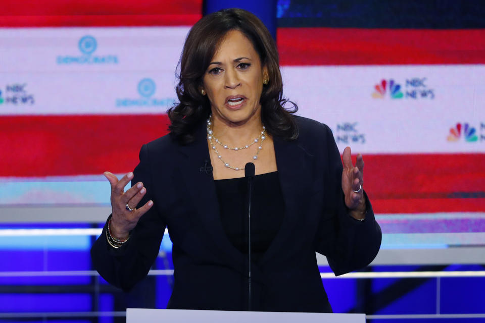 Democratic presidential candidate Sen. Kamala Harris, D-Calif., speaks during the Democratic primary debate hosted by NBC News at the Adrienne Arsht Center for the Performing Art, Thursday, June 27, 2019, in Miami. (AP Photo/Wilfredo Lee)