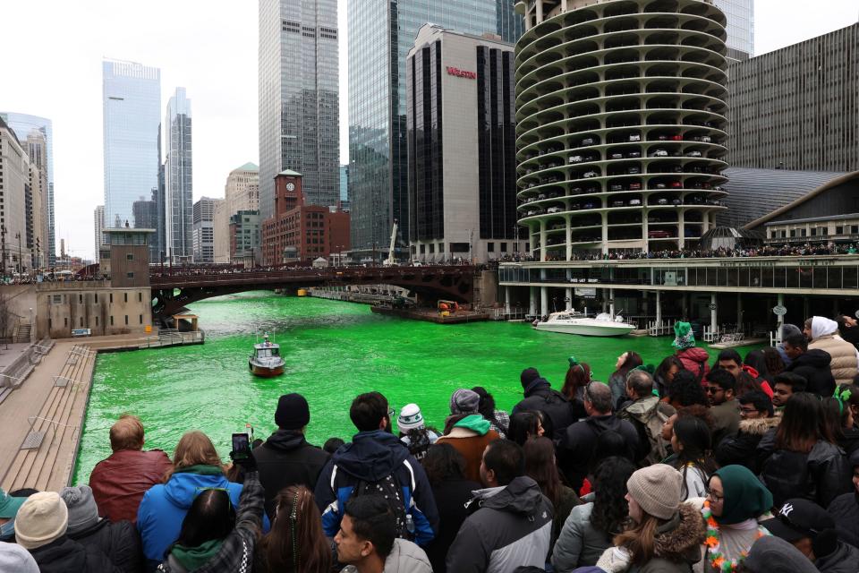 The Chicago River is dyed green in Chicago on Saturday, March 11, 2023, to celebrate the upcoming St. Patrick's Day parade.