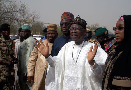 Information Minister Lai Mohammed speaks during his visit to the school in Dapchi in the northeastern state of Yobe, where dozens of school girls went missing after an attack on the village by Boko Haram, Nigeria February 22, 2018. REUTERS/Ola Lanre