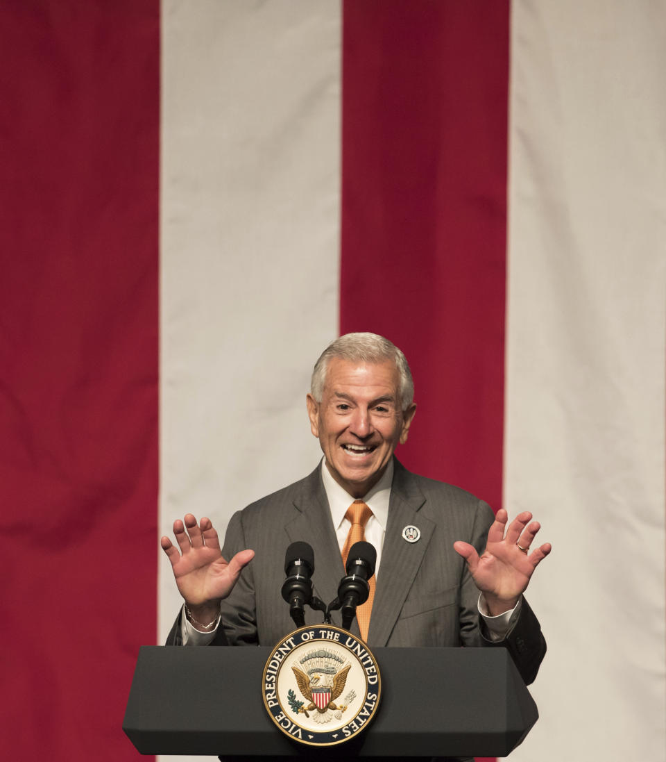 Eddie Rispone speaks during the Louisiana GOP Unity Rally in Kenner, La., Saturday, Oct. 5, 2019. Republicans are trying to keep Gov. John Bel Edwards, the Deep South's only Democratic governor, from topping 50% of the vote and gaining outright victory in the Oct. 12 primary. In Louisiana, candidates run on the same ballot regardless of party. (Sophia Germer/The Advocate via AP)