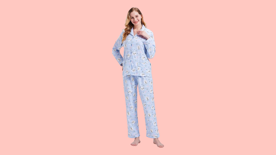 We love the cute sheep print on this cozy flannel sleep set.