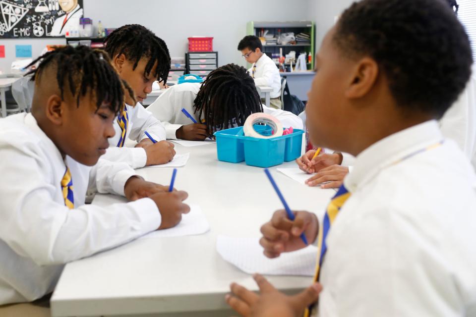 Barnett Shoals Elementary School students review what they've talked about over the school year during a Boys to Men school program meeting on Thursday, May 12, 2022. The Boys to Men program teaches young male students the importance of accountability, respect and responsibility.