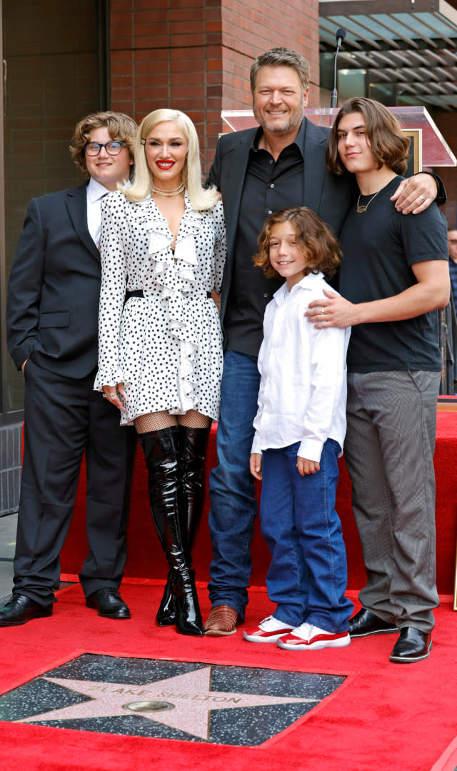 HOLLYWOOD, CALIFORNIA – MAY 12: (L-R) Zuma Rossdale, Gwen Stefani, Blake Shelton, Apollo Rossdale, and Kingston Rossdale attend Blake Shelton’s Star Ceremony on The Hollywood Walk Of Fame on May 12, 2023 in Hollywood, California. <em>Photo by Frazer Harrison/Getty Images.</em>