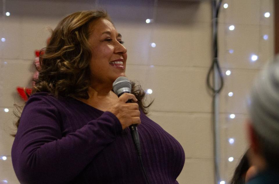 District 2 City Council candidate Judy Gutierrez speaks to local voters at the Memorial Senior Center on Nov. 28, 2023