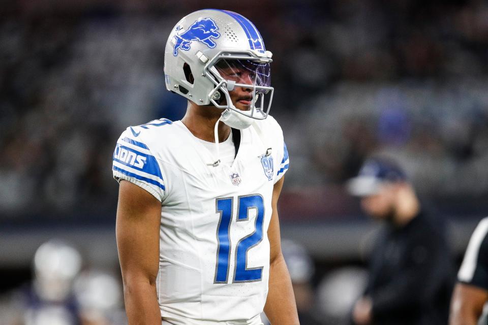 Detroit Lions quarterback Hendon Hooker warms up before the Dallas Cowboys game at AT&T Stadium in Arlington, Texas on Saturday, Dec. 30, 2023.
