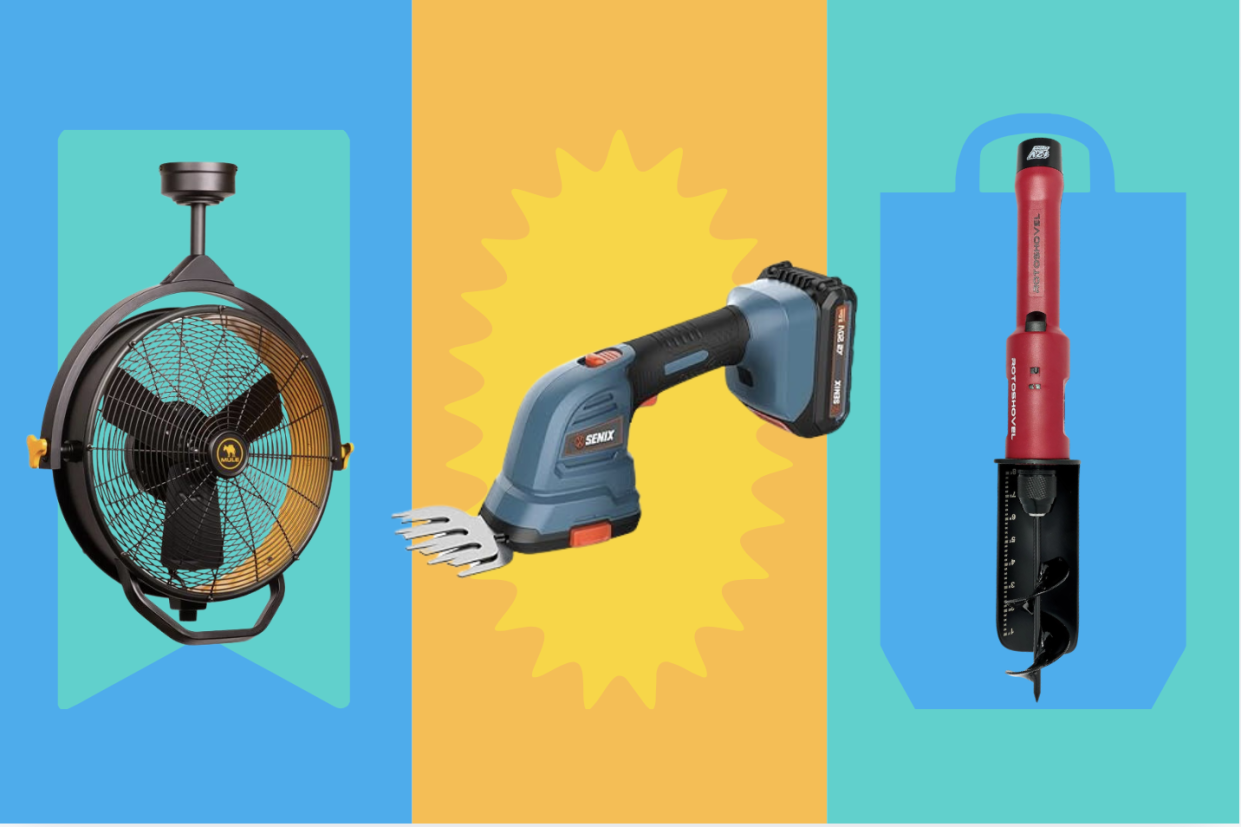 Three tools against a colorful background. From left: Mule Products fan, Senix hedge trimmer, Rototools shovel