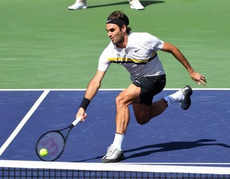 Mar 12, 2018; Indian Wells, CA, USA; Roger Federer (SUI) during his third round match against Filip Krajinovic (not pictured) in the BNP Paribas Open at the Indian Wells Tennis Garden. Mandatory Credit: Jayne Kamin-Oncea-USA TODAY Sports