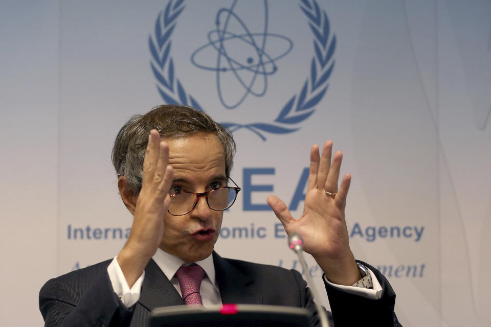 Director General of International Atomic Energy Agency, IAEA, Rafael Mariano Grossi from Argentina, addresses the media during a news conference after a meeting of the IAEA board of governors at the International Center in Vienna, Austria, Monday, Sept. 14, 2020. (AP Photo/Ronald Zak)