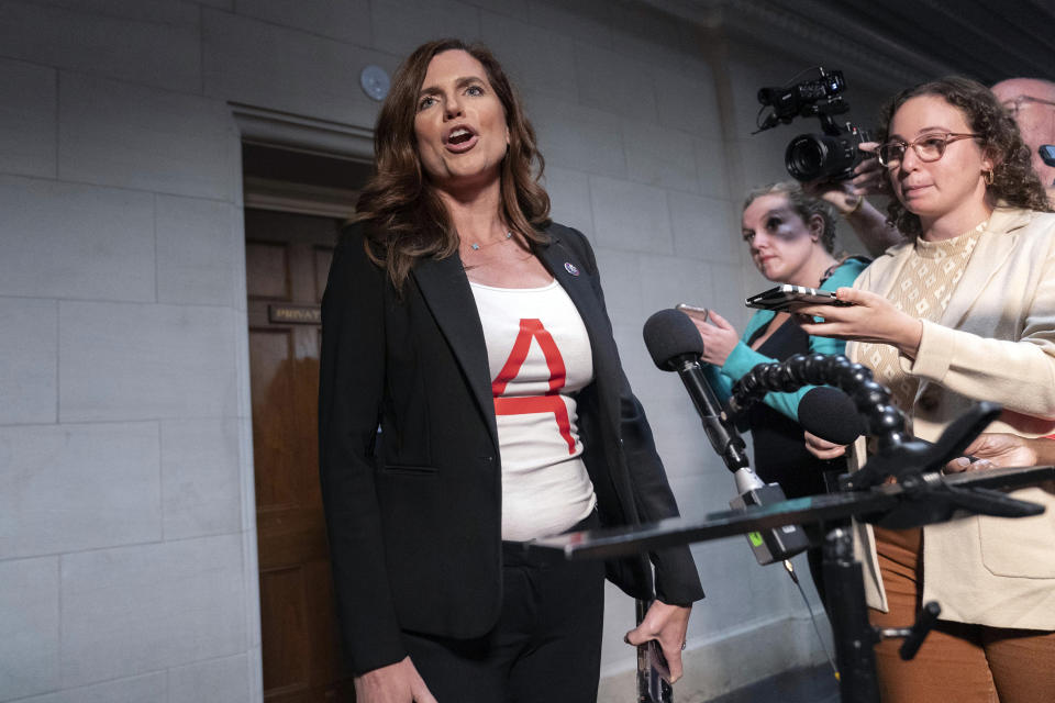 Rep. Nancy Mace, R-S.C., talks to reporters as he leaves Republicans closed-door forum to hear from the candidates for speaker of the House, at the Capitol in Washington, Tuesday, Oct. 10, 2023. House business and most congressional action has come to a standstill after Rep. Kevin McCarthy, R-Calif., was ousted as speaker by conservatives in his own party (AP Photo/Jose Luis Magana)