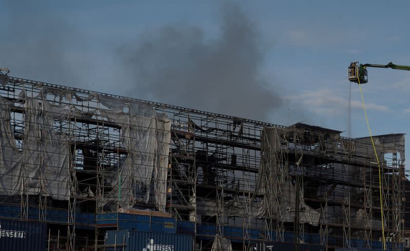 Aftermath of the fire at the Old Stock Exchange building, in Copenhagen