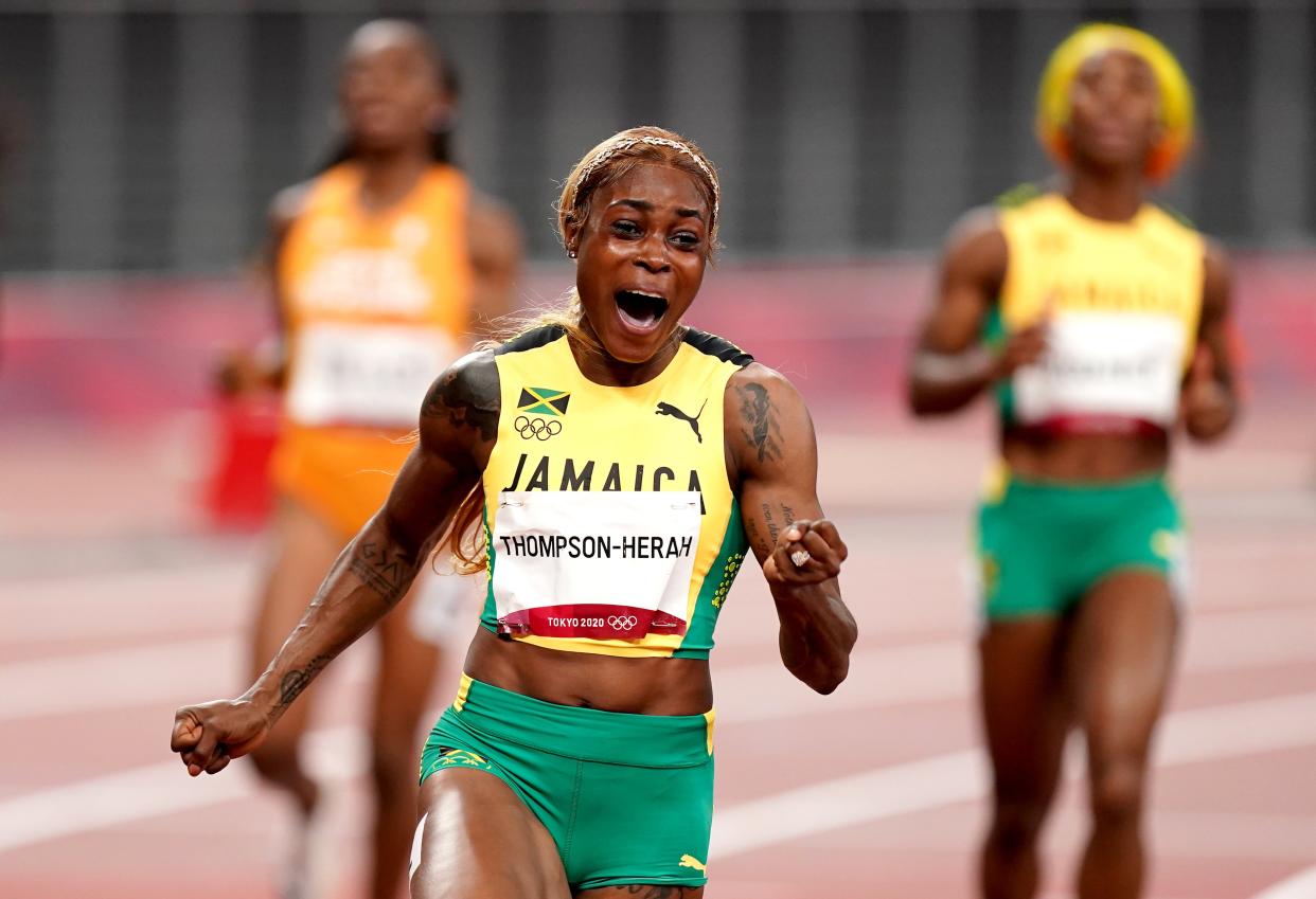 Jamaica’s Elaine Thompson-Herah celebrates winning the 100m. (Mike Egerton/PA) (PA Wire)