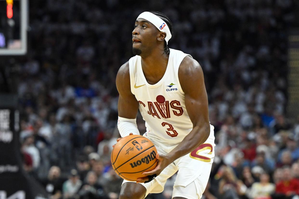 Cavaliers guard Caris LeVert (3) looks to shoot in the second quarter against the Orlando Magic during Game 2 of the first-round playoff series, April 22, 2024, in Cleveland.