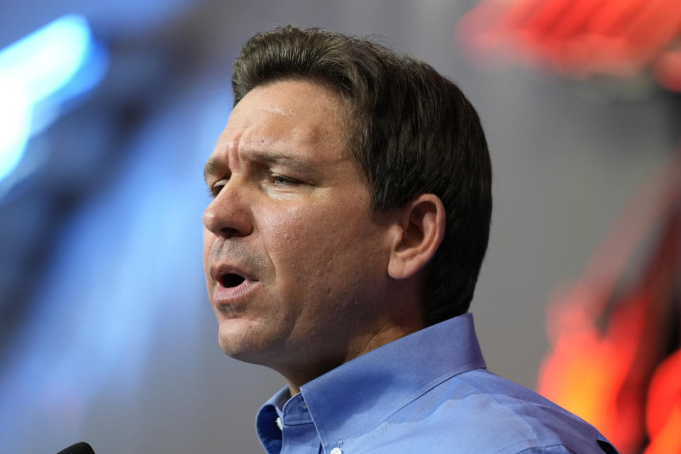 Florida Gov. Ron DeSantis speaks during a fundraising picnic for U.S. Rep. Randy Feenstra, R-Iowa, Saturday, May 13, 2023, in Sioux Center, Iowa. (AP Photo/Charlie Neibergall)